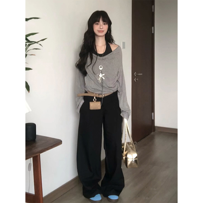 Gray Faux Two-Piece Long Sleeve T-Shirt for Women - Spring Halter Neck Off-Shoulder One-Shoulder Top in Trendy Style