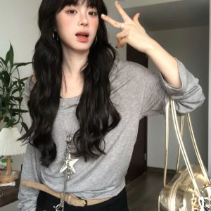 Gray Faux Two-Piece Long Sleeve T-Shirt for Women - Spring Halter Neck Off-Shoulder One-Shoulder Top in Trendy Style