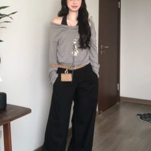 Gray Faux Two-Piece Long Sleeve T-Shirt for Women - Spring Halter Neck Off-Shoulder One-Shoulder Top in Trendy Style