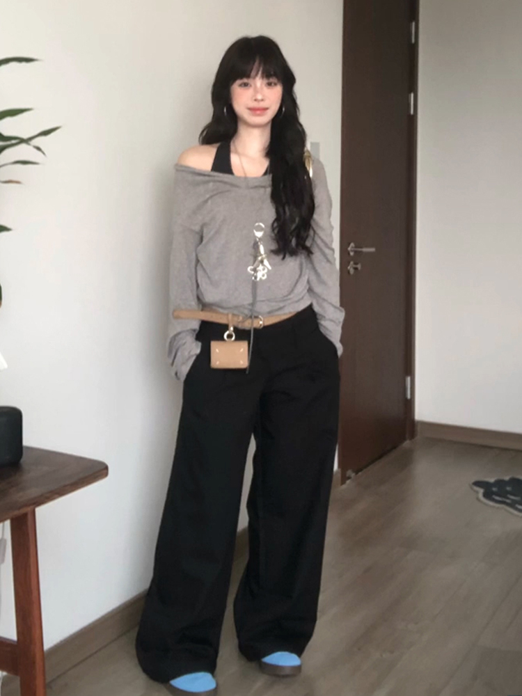 Gray Faux Two-Piece Long Sleeve T-Shirt for Women - Spring Halter Neck Off-Shoulder One-Shoulder Top in Trendy Style Gray Faux Two-Piece Long Sleeve T-Shirt for Women - Spring Halter Neck Off-Shoulder One-Shoulder Top in Trendy Style