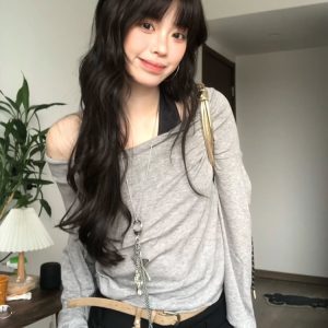 Gray Faux Two-Piece Long Sleeve T-Shirt for Women - Spring Halter Neck Off-Shoulder One-Shoulder Top in Trendy Style