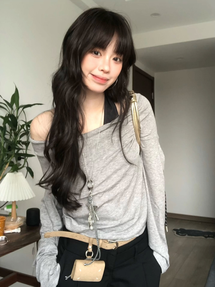 Gray Faux Two-Piece Long Sleeve T-Shirt for Women - Spring Halter Neck Off-Shoulder One-Shoulder Top in Trendy Style Gray Faux Two-Piece Long Sleeve T-Shirt for Women - Spring Halter Neck Off-Shoulder One-Shoulder Top in Trendy Style