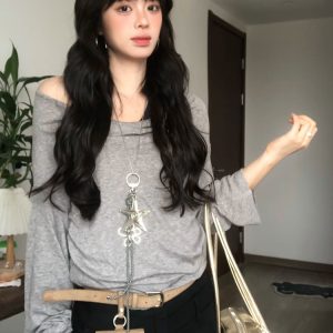 Gray Faux Two-Piece Long Sleeve T-Shirt for Women - Spring Halter Neck Off-Shoulder One-Shoulder Top in Trendy Style