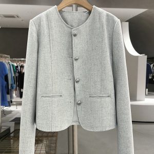 Gray-Green Textured Suit Jacket for Women - French Style, Trendy Korean Spring Autumn Fashion 2025