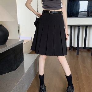 Gray High-Waisted Pleated A-Line Skirt for Women - Summer College Style Mid-Length Tummy-Covering JK Skirt