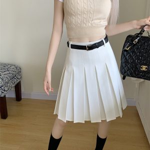 Gray High-Waisted Pleated A-Line Skirt for Women - Summer College Style Mid-Length Tummy-Covering JK Skirt