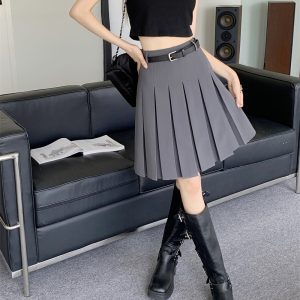 Gray High-Waisted Pleated A-Line Skirt for Women - Summer College Style Mid-Length Tummy-Covering JK Skirt