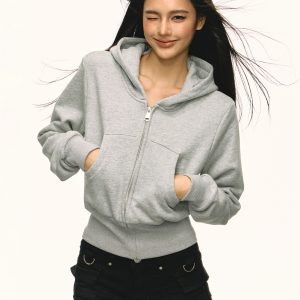 Gray Hooded Zip-Up Sweatshirt for Women - Waist-Cinched Short Sports Jacket, 2025 Spring Fashion, Versatile Casual Wear