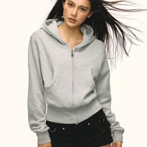 Gray Hooded Zip-Up Sweatshirt for Women - Waist-Cinched Short Sports Jacket, 2025 Spring Fashion, Versatile Casual Wear