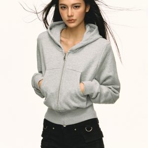 Gray Hooded Zip-Up Sweatshirt for Women - Waist-Cinched Short Sports Jacket, 2025 Spring Fashion, Versatile Casual Wear