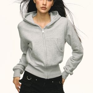 Gray Hooded Zip-Up Sweatshirt for Women - Waist-Cinched Short Sports Jacket, 2025 Spring Fashion, Versatile Casual Wear