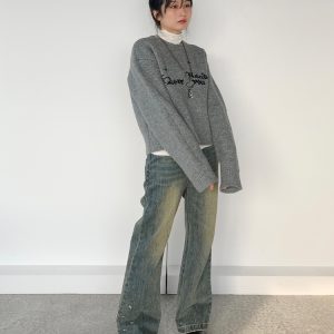 Gray Jacquard Round Neck Loose Casual Layered Knit Sweater for Women in Shibuya Style - Trendy 90s Inspired Fashion