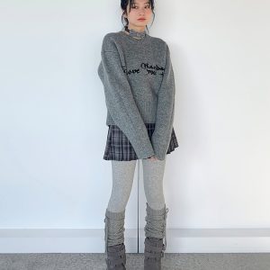 Gray Jacquard Round Neck Loose Casual Layered Knit Sweater for Women in Shibuya Style - Trendy 90s Inspired Fashion