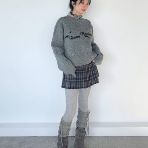 Gray Jacquard Round Neck Loose Casual Layered Knit Sweater for Women in Shibuya Style - Trendy 90s Inspired Fashion