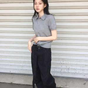 Gray Knitted Short-Sleeve Women's Polo T-Shirt - College Style Slim Fit Summer Top for Versatile Casual Looks