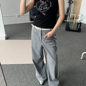 Gray Lace Patchwork Long Pants - Low-Waist Retro Casual Style, Versatile Y2K Fashion for Effortless Everyday Wear