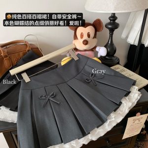 Gray Lace-Trimmed A-Line Skirt for Women, Bow Detail, Puffy Pleated Design, Spring Summer Fashion, Sexy Anti-Exposure Style