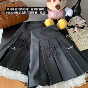 Gray Lace-Trimmed A-Line Skirt for Women, Bow Detail, Puffy Pleated Design, Spring Summer Fashion, Sexy Anti-Exposure Style