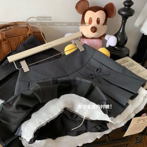 Gray Lace-Trimmed A-Line Skirt for Women, Bow Detail, Puffy Pleated Design, Spring Summer Fashion, Sexy Anti-Exposure Style