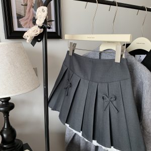 Gray Lace-Trimmed A-Line Skirt for Women, Bow Detail, Puffy Pleated Design, Spring Summer Fashion, Sexy Anti-Exposure Style