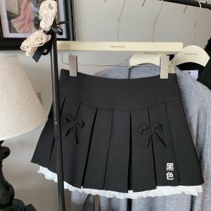 Gray Lace-Trimmed A-Line Skirt for Women, Bow Detail, Puffy Pleated Design, Spring Summer Fashion, Sexy Anti-Exposure Style