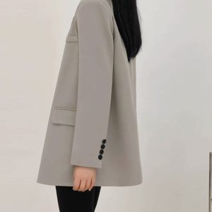 Gray Loose Fit Small Suit Jacket for Women, 2025 Spring Autumn Casual Two-Piece Set for Petite Sizes