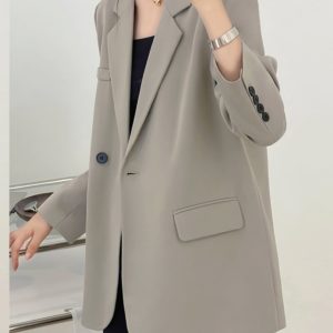 Gray Loose Fit Small Suit Jacket for Women, 2025 Spring Autumn Casual Two-Piece Set for Petite Sizes