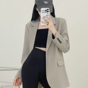 Gray Loose Fit Small Suit Jacket for Women, 2025 Spring Autumn Casual Two-Piece Set for Petite Sizes