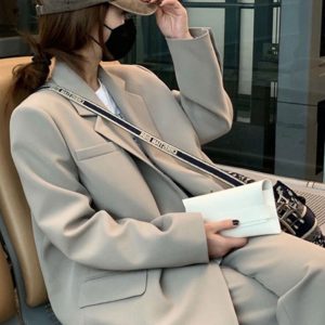 Gray Milk Tea Women's Blazer Coat Two-Piece Set - Casual Loose Suit for Petite Sizes, Spring Autumn 2025 Fashion