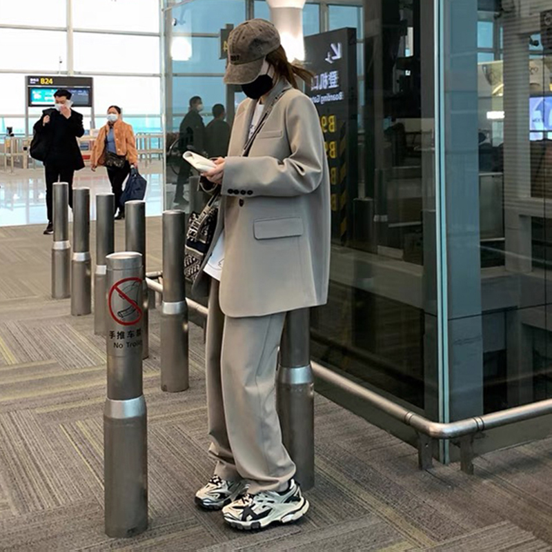 Gray Milk Tea Women's Blazer Coat Two-Piece Set - Casual Loose Suit for Petite Sizes, Spring Autumn 2025 Fashion