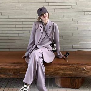 Gray Milk Tea Women's Blazer Coat Two-Piece Set - Casual Loose Suit for Petite Sizes, Spring Autumn 2025 Fashion