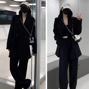 Gray Milk Tea Women's Blazer Coat Two-Piece Set - Casual Loose Suit for Petite Sizes, Spring Autumn 2025 Fashion
