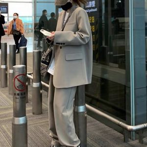 Gray Milk Tea Women's Blazer Coat Two-Piece Set - Casual Loose Suit for Petite Sizes, Spring Autumn 2025 Fashion