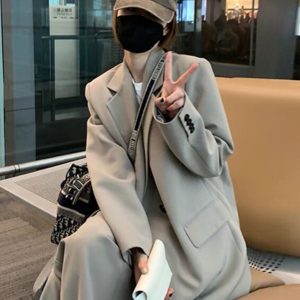 Gray Milk Tea Women's Blazer Coat Two-Piece Set - Casual Loose Suit for Petite Sizes, Spring Autumn 2025 Fashion