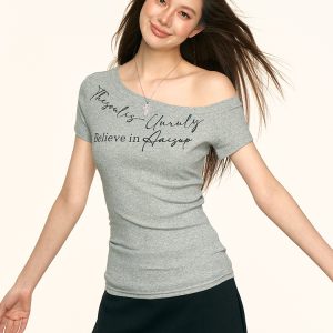 Gray Off-Shoulder Short Sleeve T-Shirt for Women - Slim Fit American Style Top for Summer 2025, Trendy Casual Wear