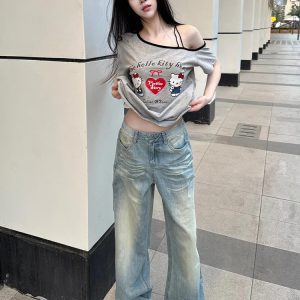 Gray Off-Shoulder Short Sleeve Women's Summer Color-Blocking Loose T-Shirt with Hello Kitty Print - Trendy Sexy Casual Top