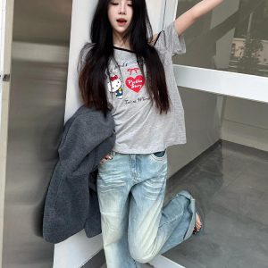 Gray Off-Shoulder Short Sleeve Women's Summer Color-Blocking Loose T-Shirt with Hello Kitty Print - Trendy Sexy Casual Top