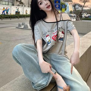 Gray Off-Shoulder Short Sleeve Women's Summer Color-Blocking Loose T-Shirt with Hello Kitty Print - Trendy Sexy Casual Top