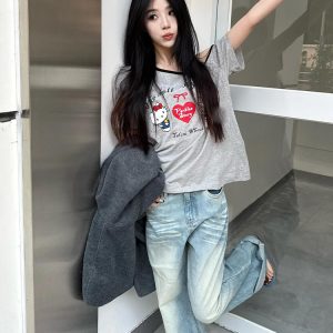 Gray Off-Shoulder Short Sleeve Women's Summer Color-Blocking Loose T-Shirt with Hello Kitty Print - Trendy Sexy Casual Top