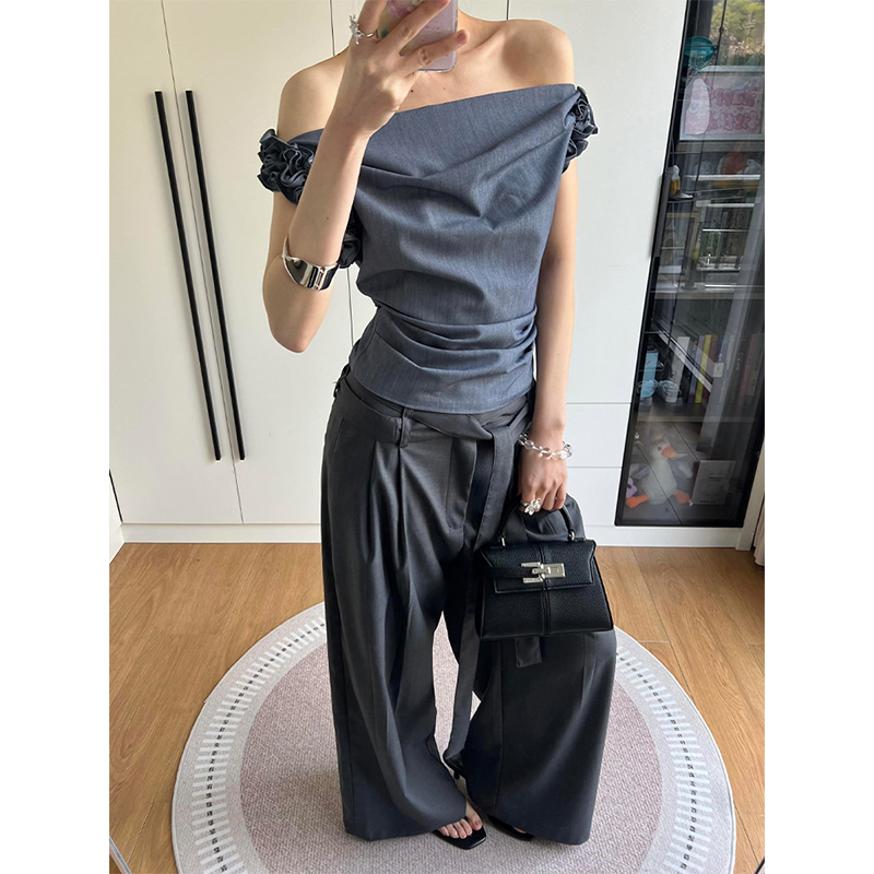 Gray One-Shoulder Draped Collar Suit Vest for Women - Luxe Sleeveless Top with Flower Bud Design, Two-Way Wear, Summer Style