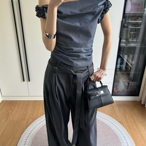 Gray One-Shoulder Draped Collar Suit Vest for Women - Luxe Sleeveless Top with Flower Bud Design, Two-Way Wear, Summer Style