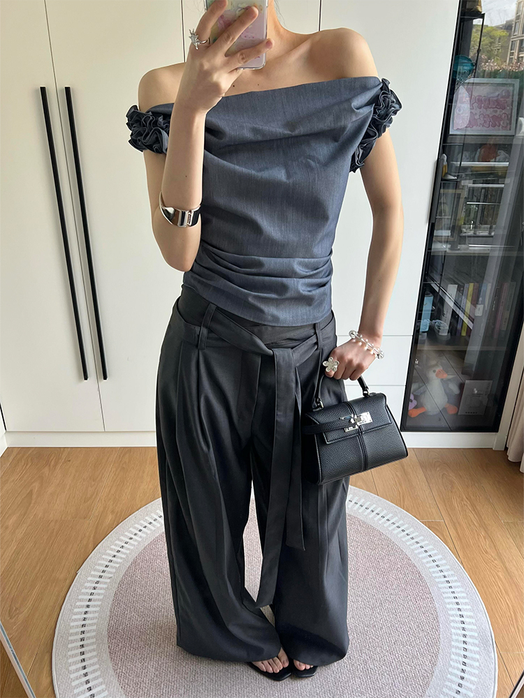 Gray One-Shoulder Draped Collar Suit Vest for Women - Luxe Sleeveless Top with Flower Bud Design, Two-Way Wear, Summer Style Gray One-Shoulder Draped Collar Suit Vest for Women - Luxe Sleeveless Top with Flower Bud Design, Two-Way Wear, Summer Style