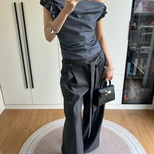 Gray One-Shoulder Draped Collar Suit Vest for Women - Luxe Sleeveless Top with Flower Bud Design, Two-Way Wear, Summer Style