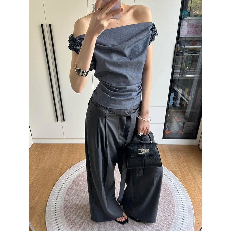 Gray One-Shoulder Draped Collar Suit Vest for Women - Luxe Sleeveless Top with Flower Bud Design, Two-Way Wear, Summer Style Gray One-Shoulder Draped Collar Suit Vest for Women - Luxe Sleeveless Top with Flower Bud Design, Two-Way Wear, Summer Style