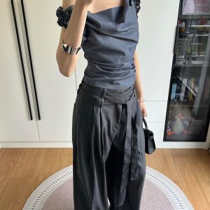 Gray One-Shoulder Draped Collar Suit Vest for Women - Luxe Sleeveless Top with Flower Bud Design, Two-Way Wear, Summer Style
