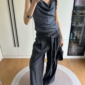 Gray One-Shoulder Draped Collar Suit Vest for Women - Luxe Sleeveless Top with Flower Bud Design, Two-Way Wear, Summer Style