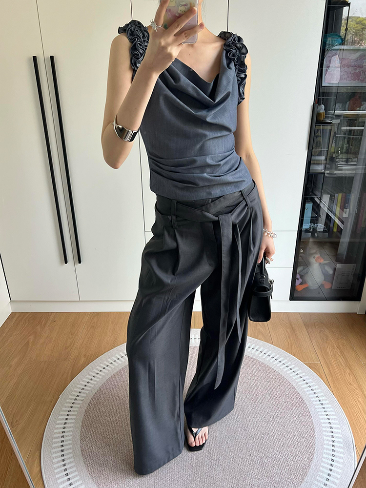Gray One-Shoulder Draped Collar Suit Vest for Women - Luxe Sleeveless Top with Flower Bud Design, Two-Way Wear, Summer Style Gray One-Shoulder Draped Collar Suit Vest for Women - Luxe Sleeveless Top with Flower Bud Design, Two-Way Wear, Summer Style