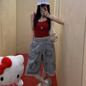 Gray Printed Wide-Leg Casual Pants for Women - Loose Slim Fit Summer Trousers, Trendy 90s Style