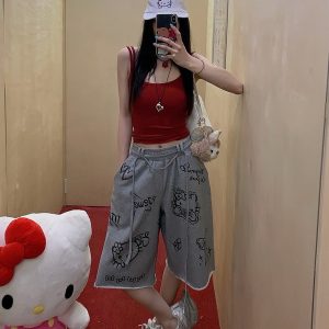 Gray Printed Wide-Leg Casual Pants for Women - Loose Slim Fit Summer Trousers, Trendy 90s Style