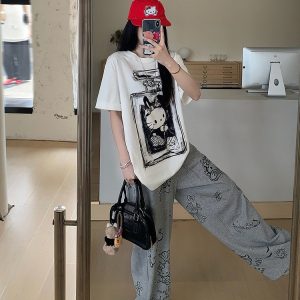 Gray Printed Wide-Leg Casual Pants for Women - Loose Slim Fit Summer Trousers, Trendy 90s Style
